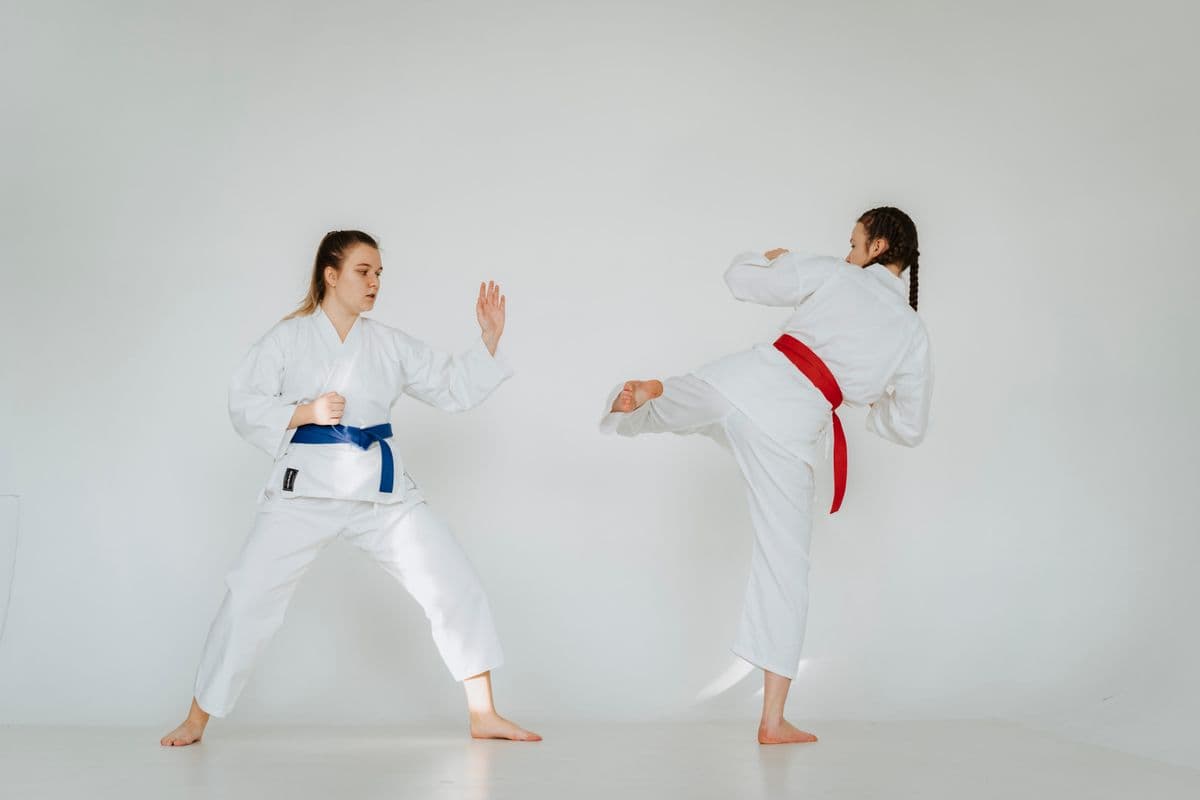 A karateka performing kata in a traditional dojo