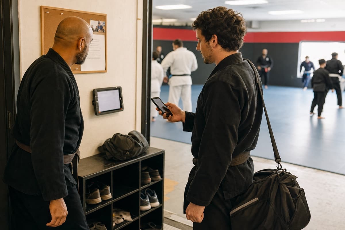 An adult martial artist checking in as an evening class begins