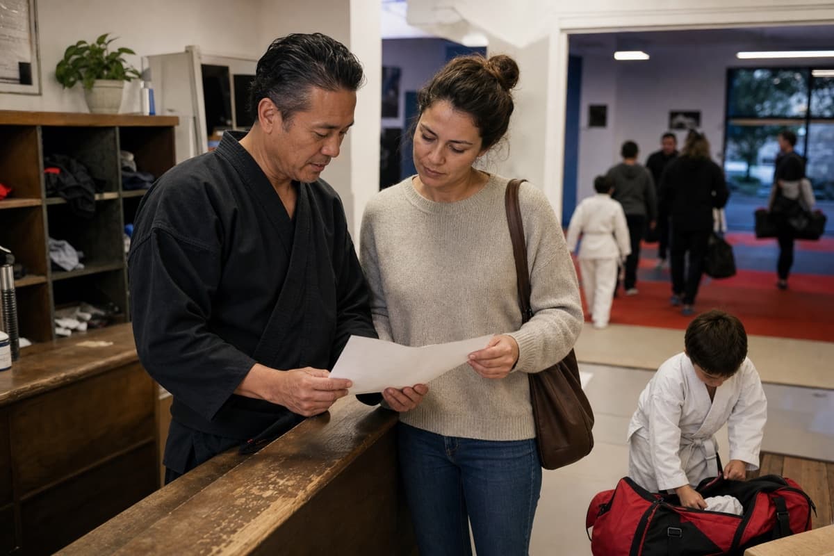 A martial arts school owner and parent reviewing a membership plan after class