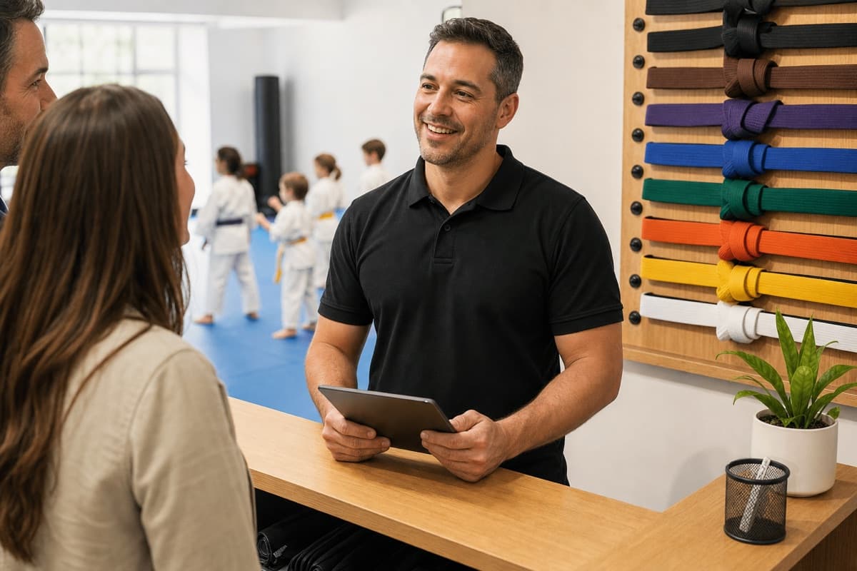 Illustrative martial arts school owner welcoming a family at the front desk