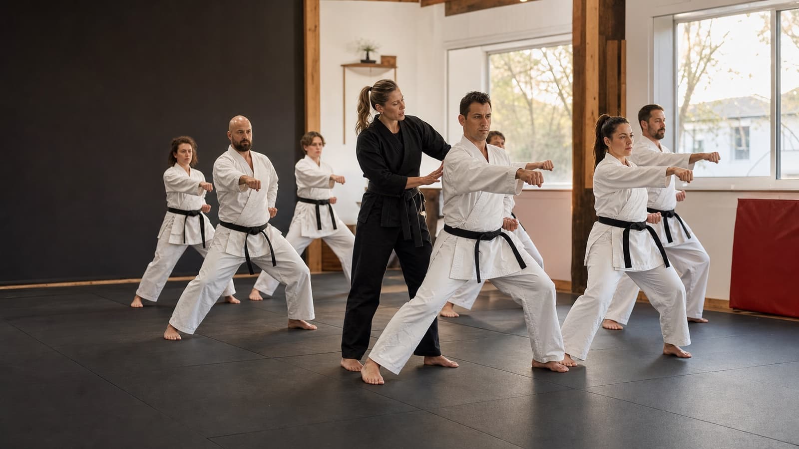 An instructor coaching an adult karate class in a bright independent dojo